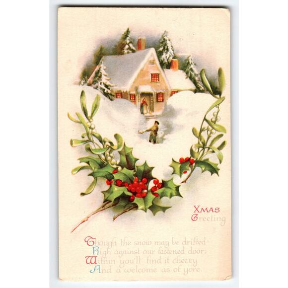 Vintage 1924 Christmas Snowy Cottage & Holly Postcard with Poem - Picture 1 of 2